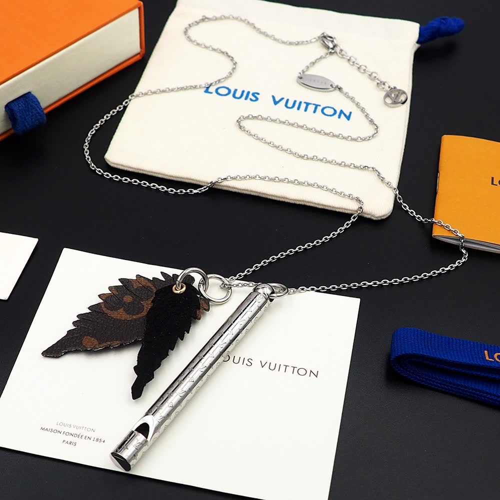Louis Vuitton Silver Whistle and Leather Charm Necklace
